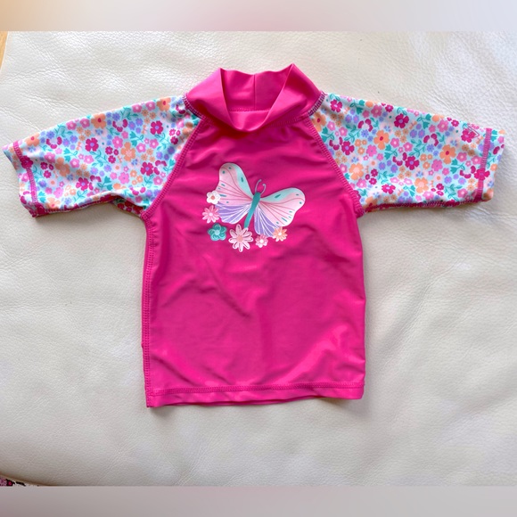 2T UV Skinz UPF 50+ Rashguard, 3/4 Raglan Sleeve, Butterfly Floral, Bright Pink - Picture 2 of 8